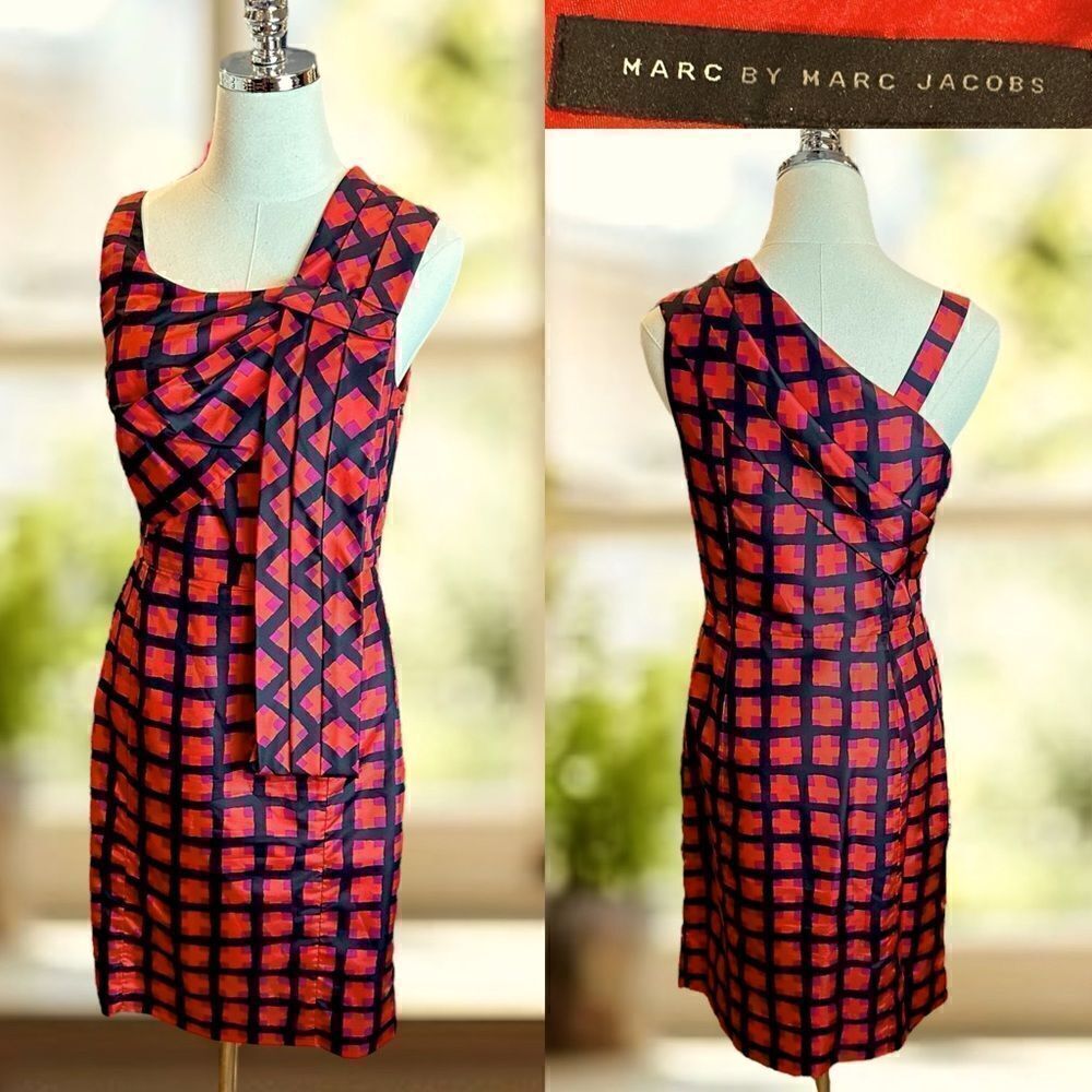 🔥 Marc by Marc Jacobs 100% Silk Sash Red Check Cocktail Dress Size 2